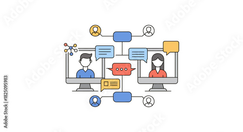 online communication diverse team collaborating virtually via computers discussing project progress during remote work ideal for business articles