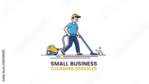 A cartoon illustration of a cleaning professional using a vacuum cleaner. Text reads "SMALL BUSINESS CLEANING SERVICES.