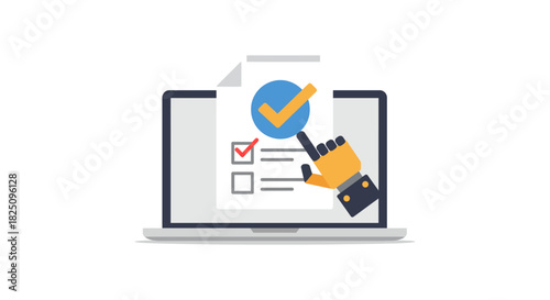 online survey digital form with robotic arm completing a checklist on a laptop screen signifying ai driven automation and efficiency