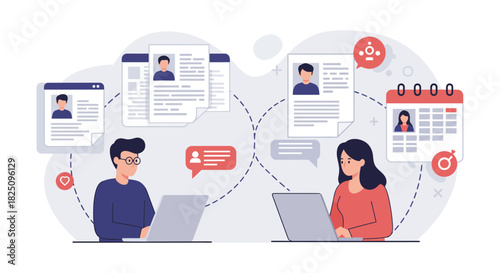 online recruitment process man and woman reviewing candidates resumes for a job opening facilitating remote hiring and hr management digitally