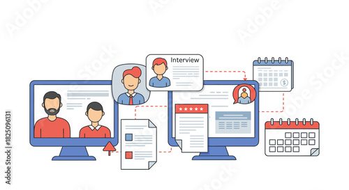 online recruitment showing team video interviews screening resumes and scheduling interviews for hr management and efficient hiring process.