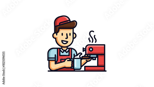A barista makes coffee, holding a mug under a steaming espresso machine, smiling