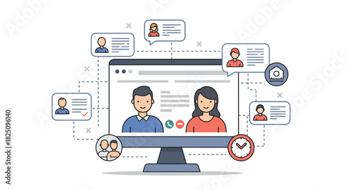 Online video call on a computer screen connecting people remotely for collaboration illustrating modern communication and business meetings ideal for tech websites