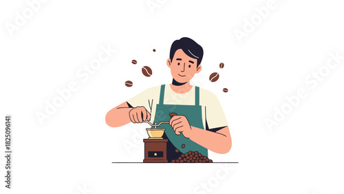 A barista grinds coffee beans, with beans floating, on a wood grinder, with apron and a smile
