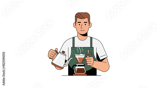A barista in a green apron carefully pours hot water from a kettle, brewing coffee