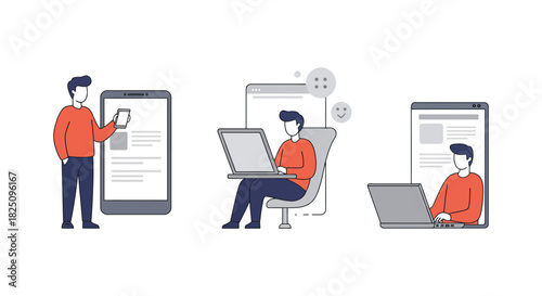 People using digital devices man working on laptop another with phone and tablet engaging with tech ideal for tech blogs  digital marketing