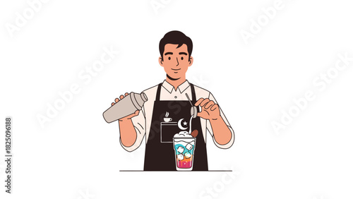 A smiling bartender preparing a colorful drink using a shaker and pourer, illustration