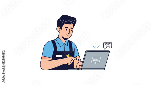 A cartoon man with dark hair, a light blue shirt, and a dark blue apron looks at a laptop