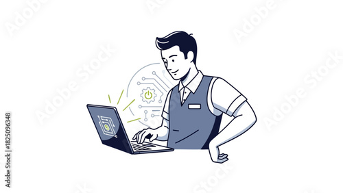 Illustration of a man working on a laptop, with a circuit board graphic nearby