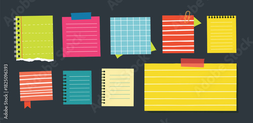 Collection of various colorful sticky notes and paper pieces with taped borders on a dark background
