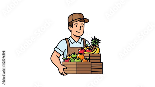 A smiling person in an apron and cap carries a wooden box filled with various fresh fruits
