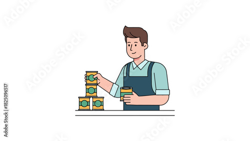 A cartoon man wearing an apron, stacking and holding canned goods. The background is white