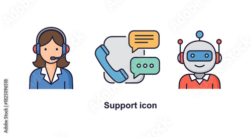 support icon set showcasing human and ai customer service phone and chat icons illustrating tech support help desk  call center solutions