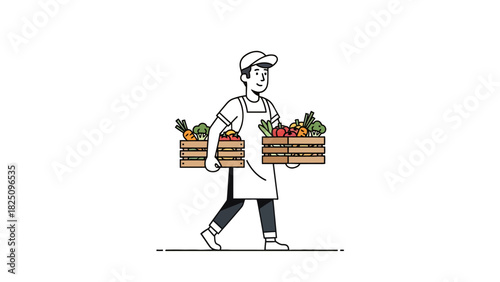 Illustration of a person carrying two wooden crates filled with fresh, colorful vegetables