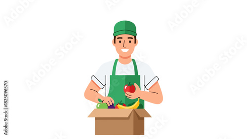 A smiling person in an apron and cap is packing fruits into a cardboard box