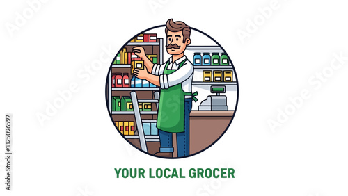 A cartoon grocer in a green apron, arranging items on a shelf, in a circle illustration