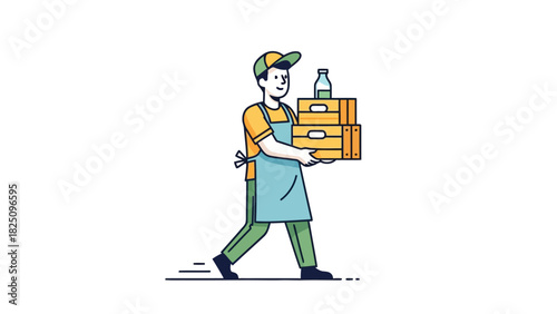 A cartoon delivery person walks carrying stacked wooden crates with a bottle on top