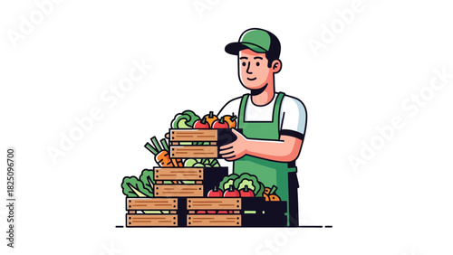 A smiling person in an apron and cap is holding a crate overflowing with fresh produce