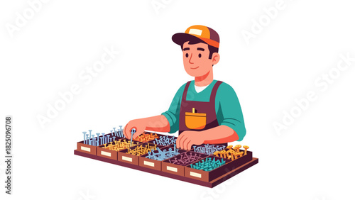 A smiling man in a cap and apron sorts through various nails and screws in a hardware store