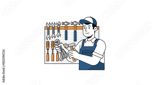 A cartoon-style mechanic wearing a cap and overalls holds tools in his hands with a smile