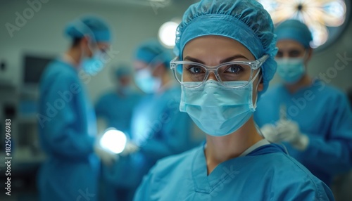 Surgeon in protective gear gazes intensely in operating room. Medical team works behind, blurred lights add drama. Focused surgical staff prepare for complex procedure, emphasizing care.