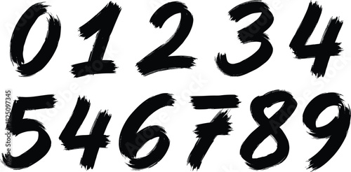 A complete set of hand-drawn numbers from zero to nine, created with an expressive black ink brush stroke style for artistic design elements