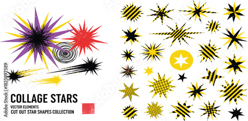 A dynamic collection of hand-cut collage style star shapes and explosive burst vector elements for modern design