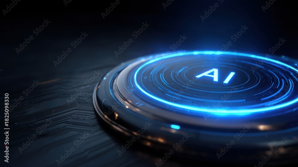 Fototapeta premium Blue button on circuit board highlighting the role of technology in corporate ai optimization execution roadmap concept