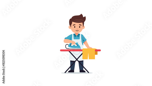 A cartoon person is ironing clothing on a red ironing board, wearing an apron, and white background