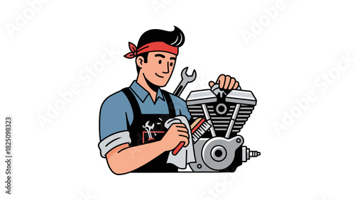A cartoon mechanic with a red headband is cleaning an engine with tools on a white background