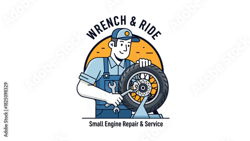 A cartoon mechanic in overalls fixes a motorcycle tire, with text above