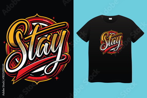 Stay groovy retro t-shirt design, colorful hippie 70s style with peace sign, psychedelic vintage apparel, vector illustration of a male hand drawn