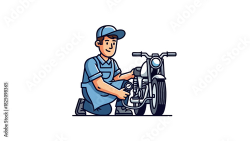 Illustration of a mechanic kneeling to repair a vintage motorcycle, stylized, on a white background