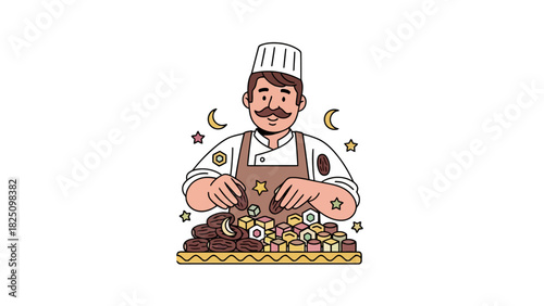 A cartoon chef with a mustache and hat, surrounded by celestial symbols, offers sweets