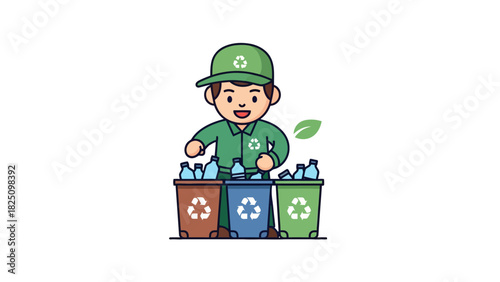A cartoon depicting a smiling person in green uniform sorting bottles into recycling bins