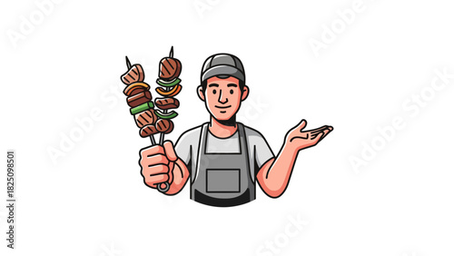 A person with skewers and hand gestures on a white background