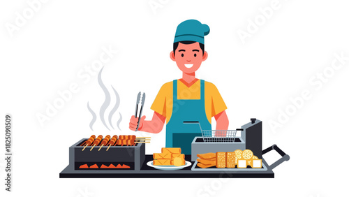 A smiling vendor in a blue apron and cap prepares food at a street food stall
