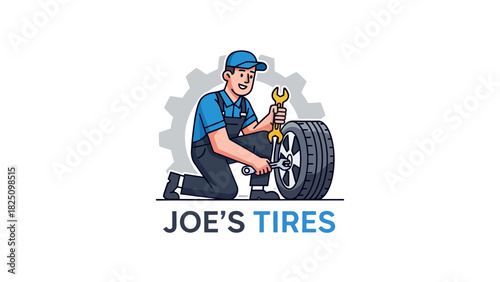 A mechanic uses a wrench to work on a tire, with a gear behind him. The business name is below