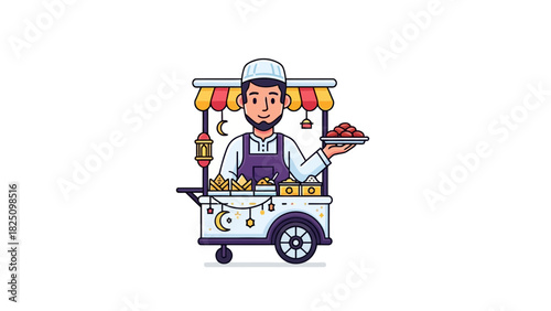 Illustration of a vendor with a food cart, offering a plate of food. A festive and cultural design