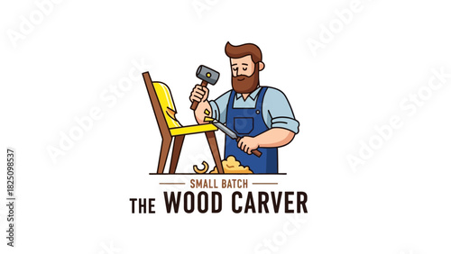 A cartoon craftsman chisels wood with a hammer and chisel to create a chair