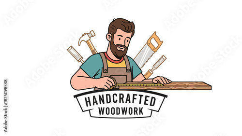 A cartoon of a man with tools surrounded by woodworking equipment. The image has a white background