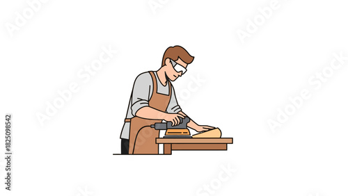 A cartoon image depicting a carpenter using a sander on a piece of wood