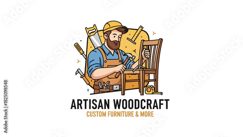 A cartoon craftsman, hammering a chair, surrounded by tools, set against a stylized backdrop