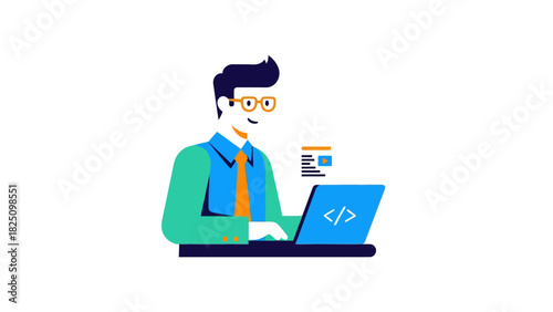 A cartoon person wearing glasses and a suit is coding on a laptop, with a display next to it
