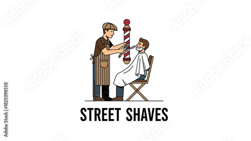 A barber shaves a client with a straight razor. A barber pole stands nearby. The text "Street Shaves" is below