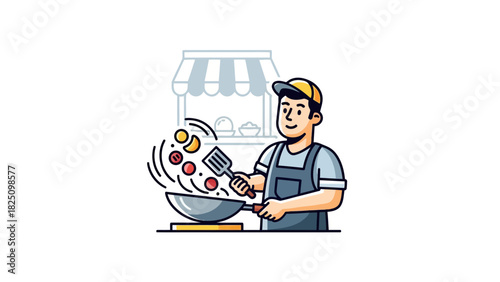 A cook in an apron flips food with a spatula in a pan, stall and food items in background