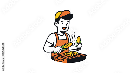 A smiling person in an apron, grilling corn on a barbecue. The image uses a line drawing style