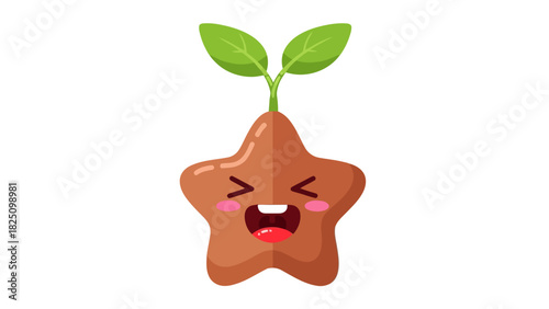 A smiling, cartoonish sprout, star-shaped, with green leaves and a happy face