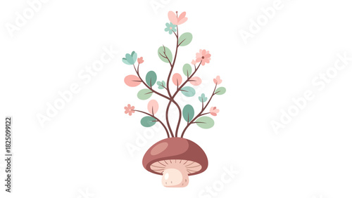 A whimsical illustration of a mushroom with flowering plant elements sprouting from its top