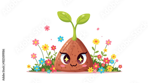 A cute cartoon seed sprouting leaves, with vibrant flowers and a friendly face